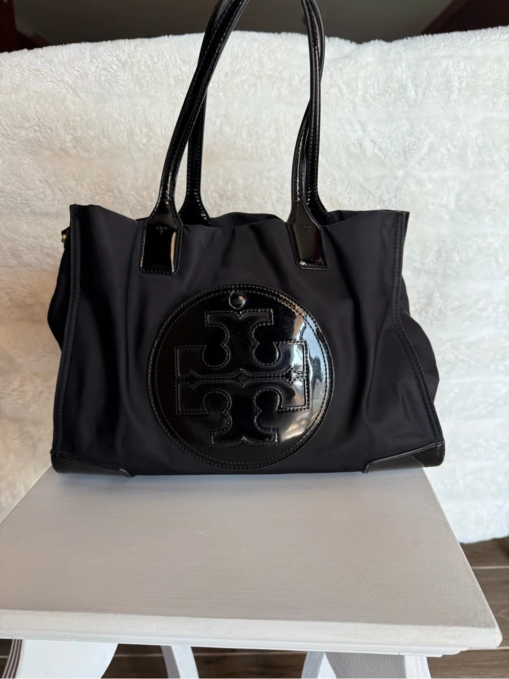 Tory Burch Black Nylon Tote with Glossy Patent Logo
